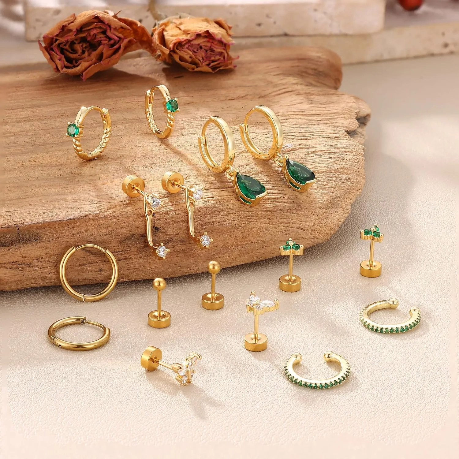 Florideco 8 Pairs Flat Back Earrings for Women Hypoallergenic Surgical Stainless Steel Flatback Studs Dainty Hoop Earring Stacks Small Gold Cartilage Earring Sets for Multiple Piercing