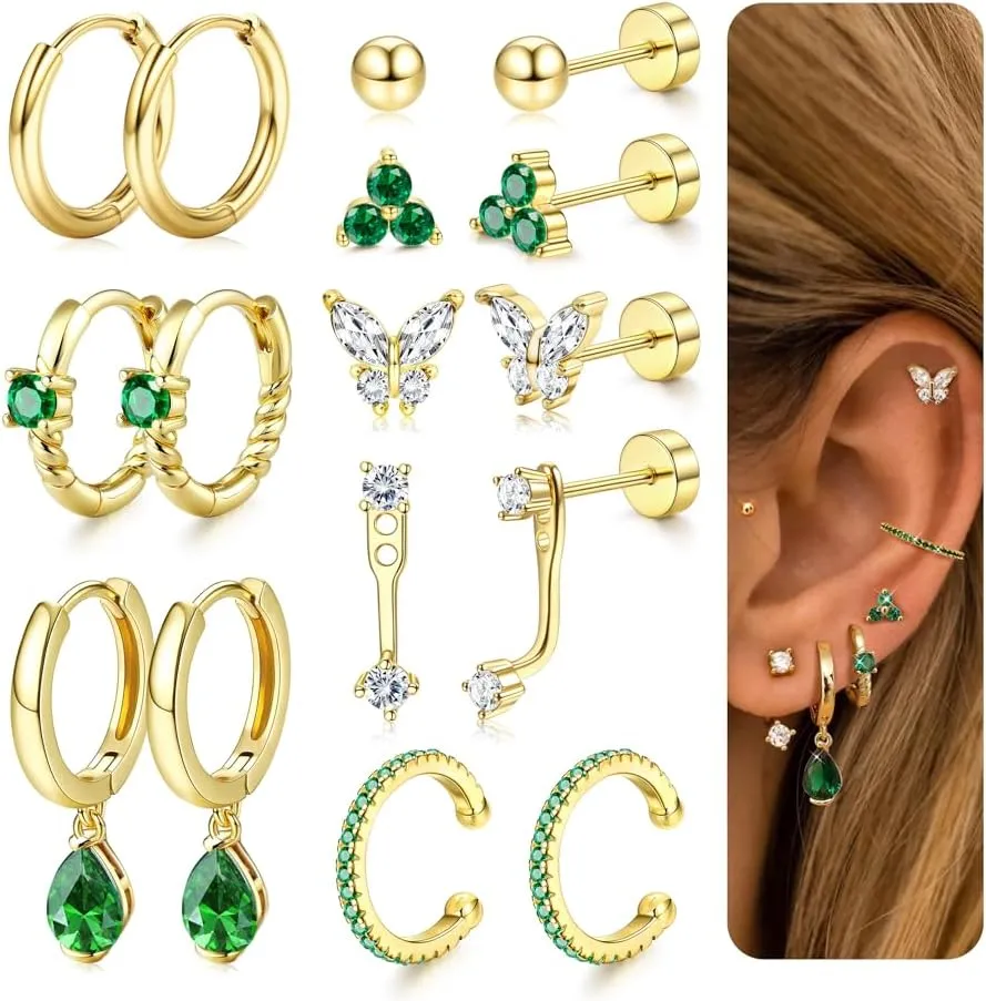 Florideco 8 Pairs Flat Back Earrings for Women Hypoallergenic Surgical Stainless Steel Flatback Studs Dainty Hoop Earring Stacks Small Gold Cartilage Earring Sets for Multiple Piercing