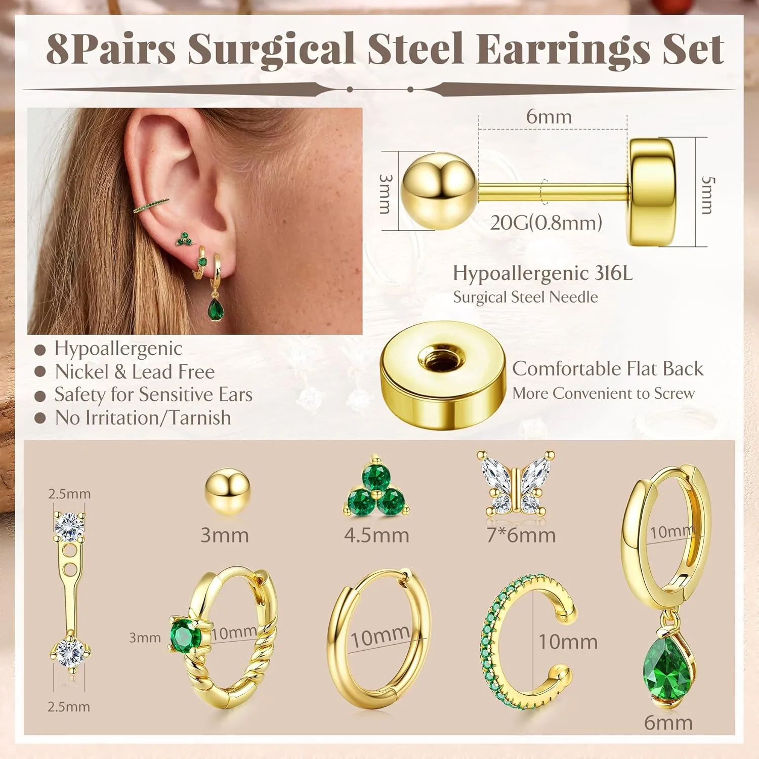 Florideco 8 Pairs Flat Back Earrings for Women Hypoallergenic Surgical Stainless Steel Flatback Studs Dainty Hoop Earring Stacks Small Gold Cartilage Earring Sets for Multiple Piercing