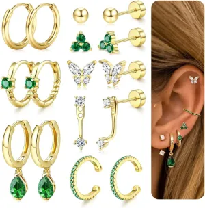 Florideco 8 Pairs Flat Back Earrings for Women Hypoallergenic Surgical Stainless Steel Flatback Studs Dainty Hoop Earring Stacks Small Gold Cartilage Earring Sets for Multiple Piercing
