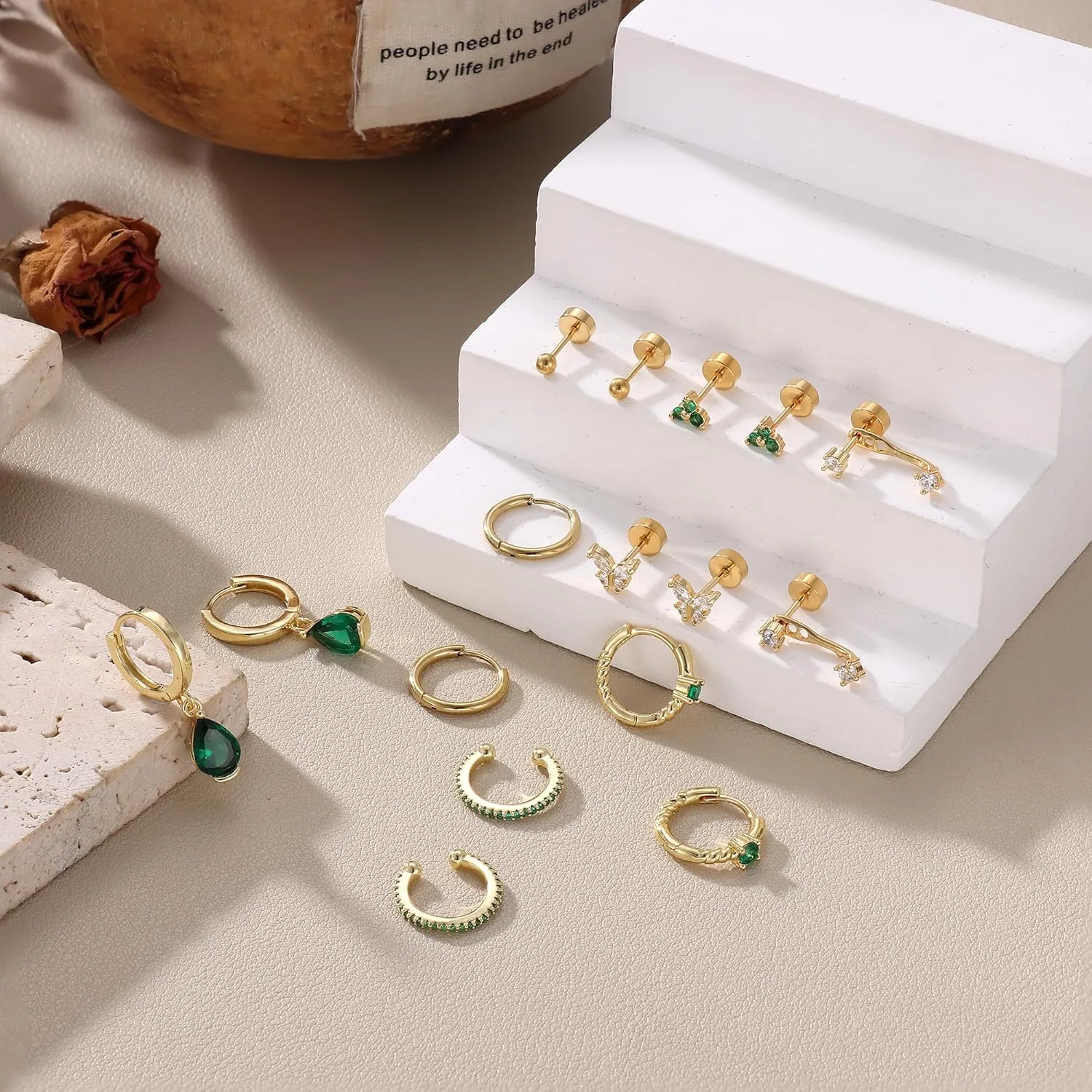 Florideco 8 Pairs Flat Back Earrings for Women Hypoallergenic Surgical Stainless Steel Flatback Studs Dainty Hoop Earring Stacks Small Gold Cartilage Earring Sets for Multiple Piercing