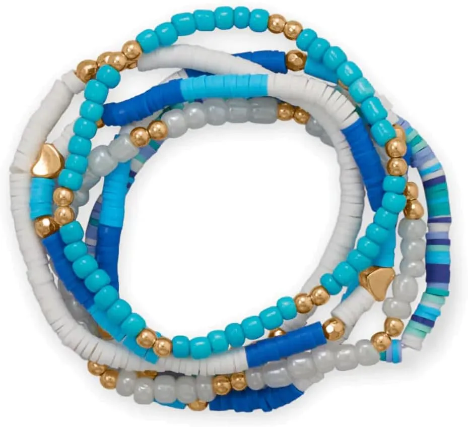 Friendship Stretch Bracelet Set of Six Blue White Gold Tone Beads