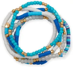 Friendship Stretch Bracelet Set of Six Blue White Gold Tone Beads