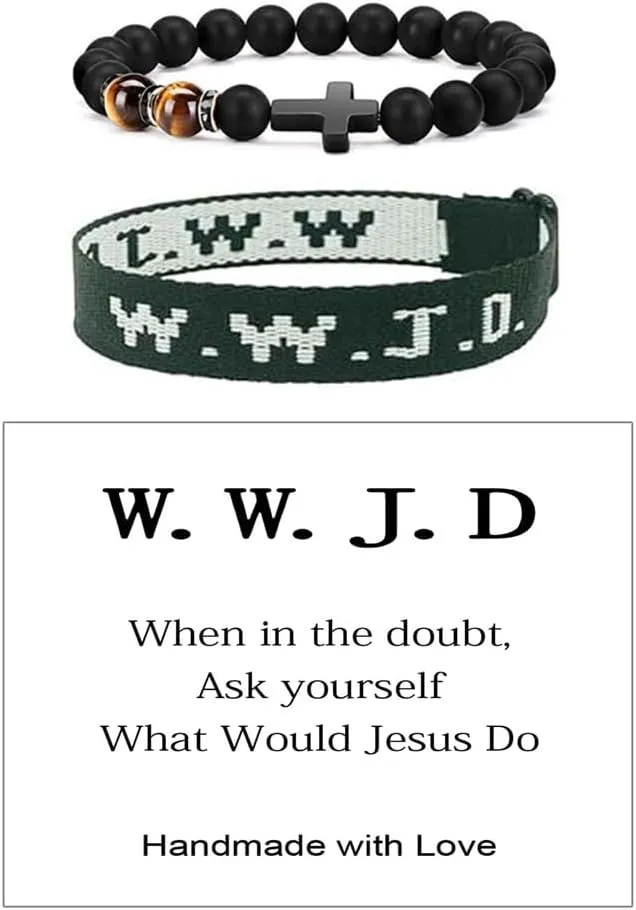 Fuqimanman2020 WWJD Braided Rope Bracelet Cross Pendant Beads Stretch Bracelet for Women Men What Would Jesus Do Religious Jewelry Gift
