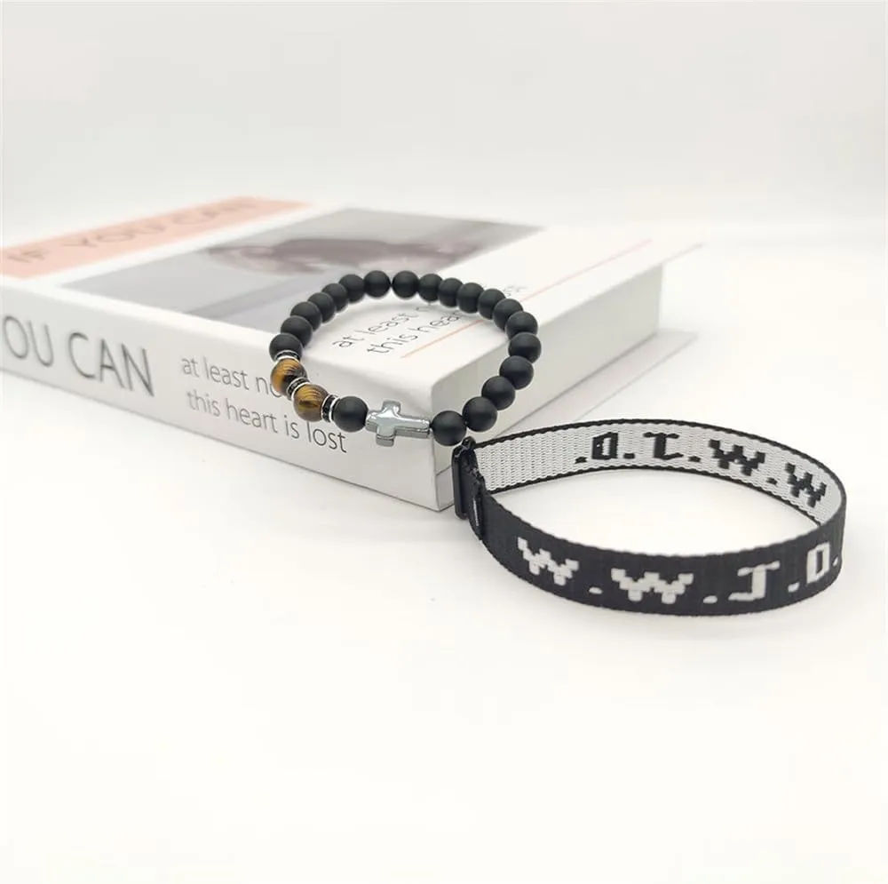 Fuqimanman2020 WWJD Braided Rope Bracelet Cross Pendant Beads Stretch Bracelet for Women Men What Would Jesus Do Religious Jewelry Gift