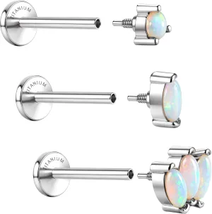 G23 Implant Grade Titanium Flat Back Earrings Studs: 14K Gold Hypoallergenic 3 Pcs 18G Internally Threaded Tragus Cartilage Helix Piercing Jewelry Opal Earring for Sensitive Ears Women Men