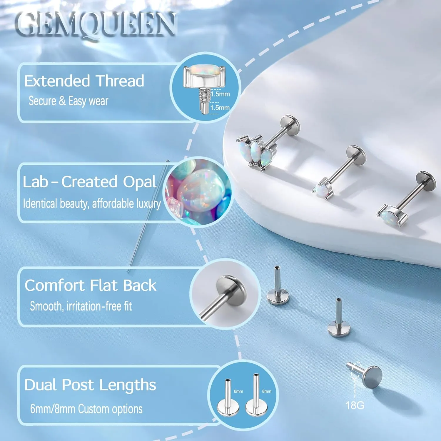 G23 Implant Grade Titanium Flat Back Earrings Studs: 14K Gold Hypoallergenic 3 Pcs 18G Internally Threaded Tragus Cartilage Helix Piercing Jewelry Opal Earring for Sensitive Ears Women Men