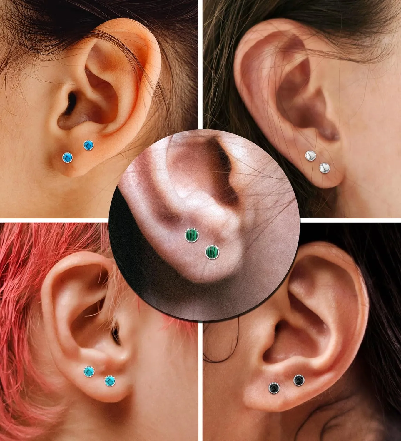 G23 Titanium Handmade Turquoise Stud Earrings for Sensitive Skin Hypoallergenic Women Flat Back Nap Earrings Studs 20G Screw Back Cartilage Stud Earrings Silver Light Blue