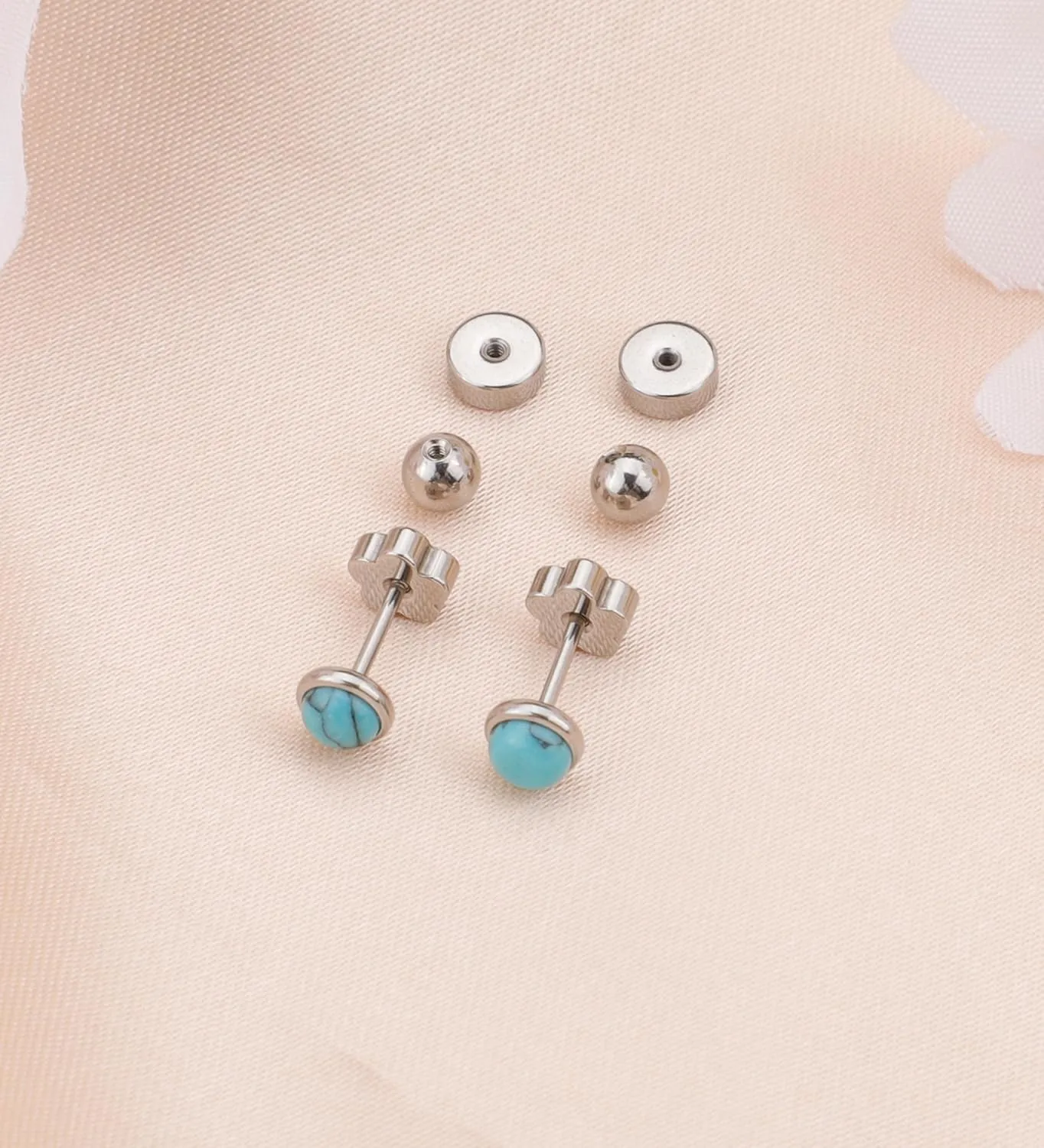G23 Titanium Handmade Turquoise Stud Earrings for Sensitive Skin Hypoallergenic Women Flat Back Nap Earrings Studs 20G Screw Back Cartilage Stud Earrings Silver Light Blue