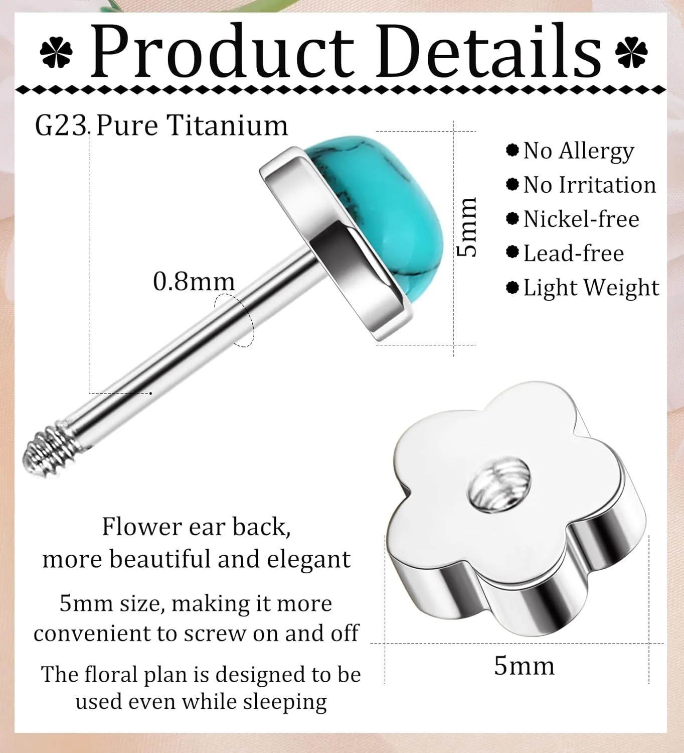 G23 Titanium Handmade Turquoise Stud Earrings for Sensitive Skin Hypoallergenic Women Flat Back Nap Earrings Studs 20G Screw Back Cartilage Stud Earrings Silver Light Blue