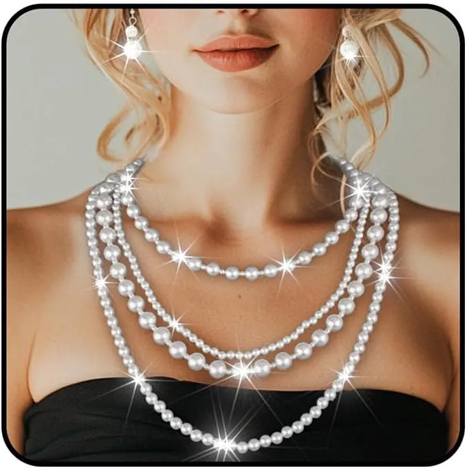 Gangel Pearl Necklace Earring Set Layered Faux Pearl Necklaces Vintage Bridal Jewelry Multi Strand Pearls Necklace for Women