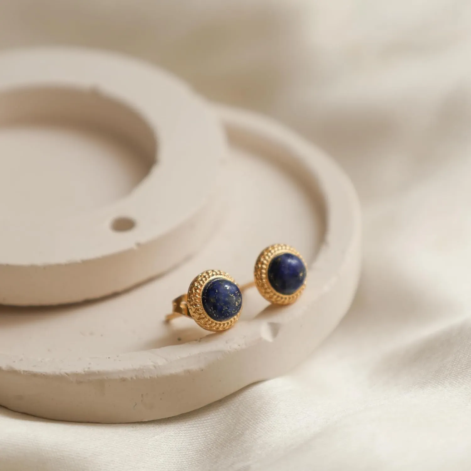 Gempires Lapis Lazuli Stud Earrings, Hypoallergenic Round Stud Earrings, Trendy Western Antiqued Style, September Birthstone Jewelry, Party Wear, 14k Gold Plated, Gift for Mom Wife s Daughter