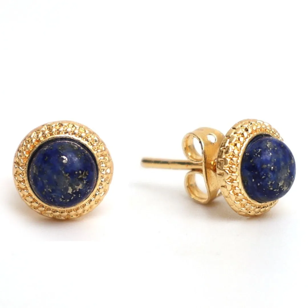 Gempires Lapis Lazuli Stud Earrings, Hypoallergenic Round Stud Earrings, Trendy Western Antiqued Style, September Birthstone Jewelry, Party Wear, 14k Gold Plated, Gift for Mom Wife s Daughter