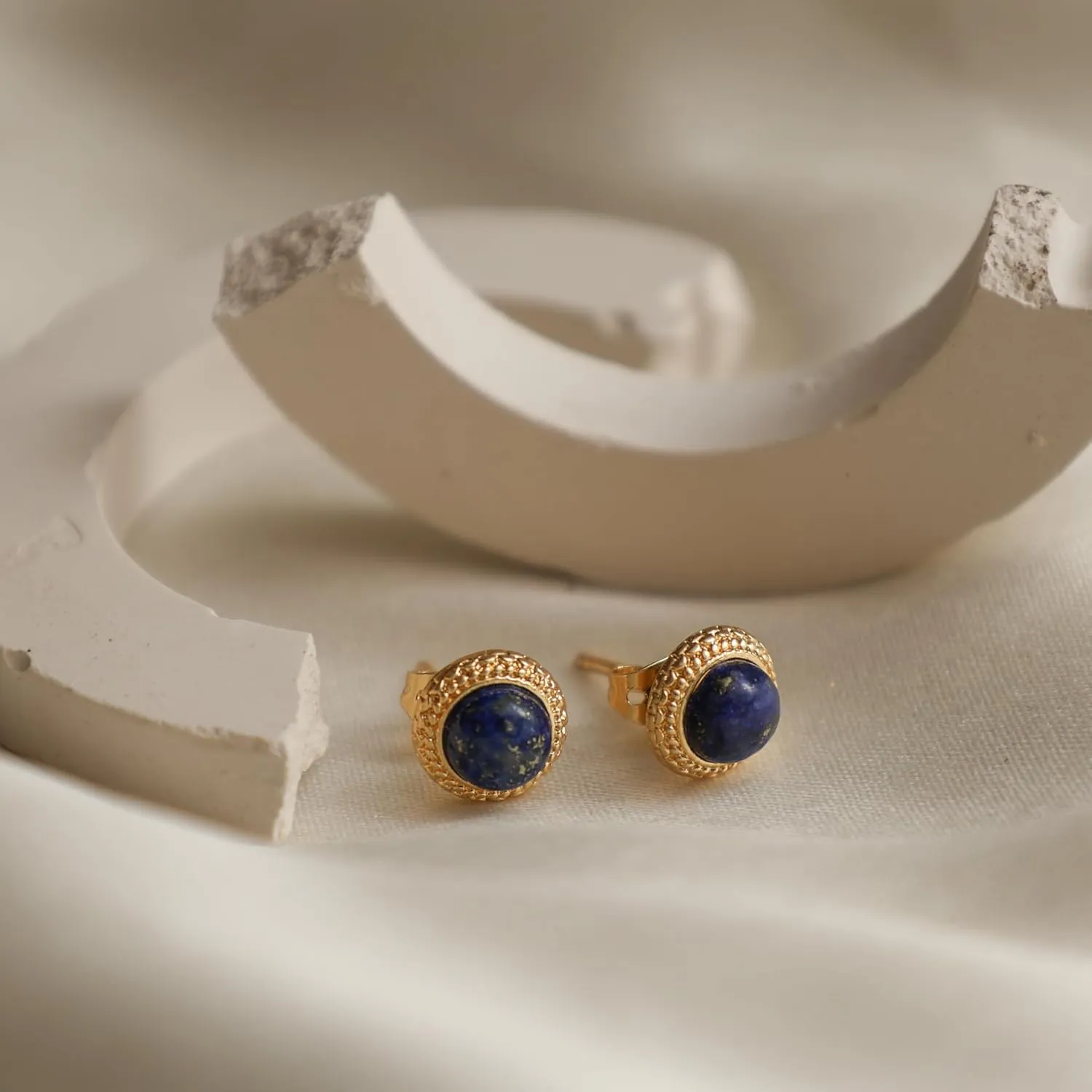 Gempires Lapis Lazuli Stud Earrings, Hypoallergenic Round Stud Earrings, Trendy Western Antiqued Style, September Birthstone Jewelry, Party Wear, 14k Gold Plated, Gift for Mom Wife s Daughter