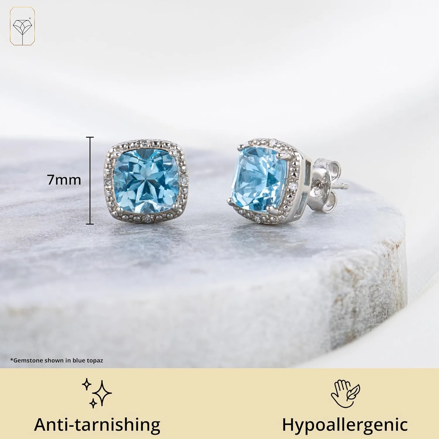 Gemstone and Diamond Accent Halo Cushion Cut Stud Earrings for Women in 925 Sterling Silver 7mm Birthstone with Push Backs by MAX   STONE