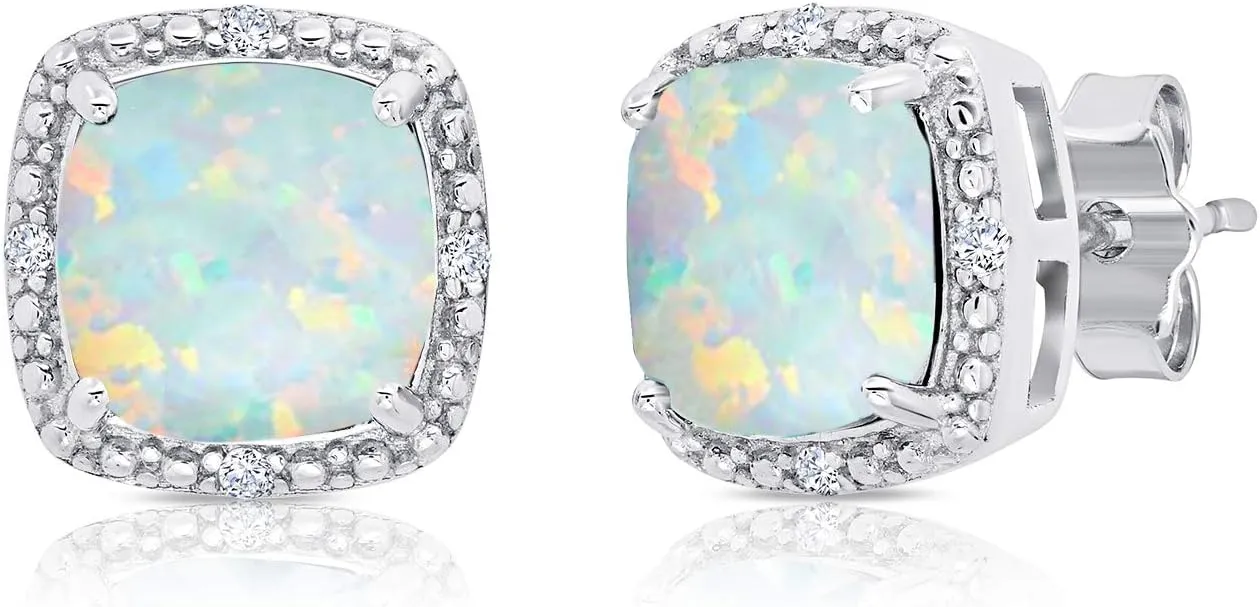 Gemstone and Diamond Accent Halo Cushion Cut Stud Earrings for Women in 925 Sterling Silver 7mm Birthstone with Push Backs by MAX   STONE