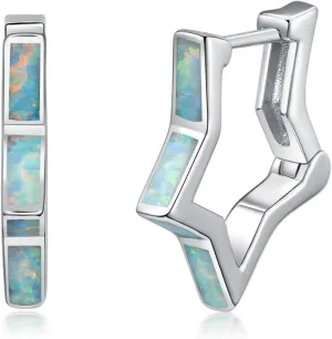 Geometric Hoop Earrings Paperclip Star Hoop Earrings Sterling Silver Hexagon/White Opal/Abalone Shell/Turquoise Jewelry Gifts for Women Men
