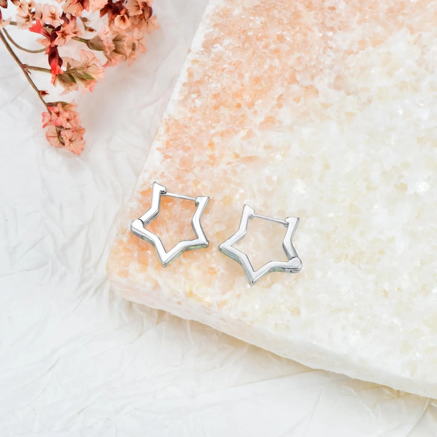 Geometric Hoop Earrings Paperclip Star Hoop Earrings Sterling Silver Hexagon/White Opal/Abalone Shell/Turquoise Jewelry Gifts for Women Men