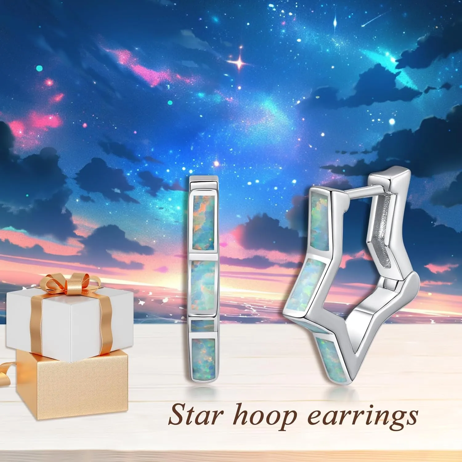 Geometric Hoop Earrings Paperclip Star Hoop Earrings Sterling Silver Hexagon/White Opal/Abalone Shell/Turquoise Jewelry Gifts for Women Men