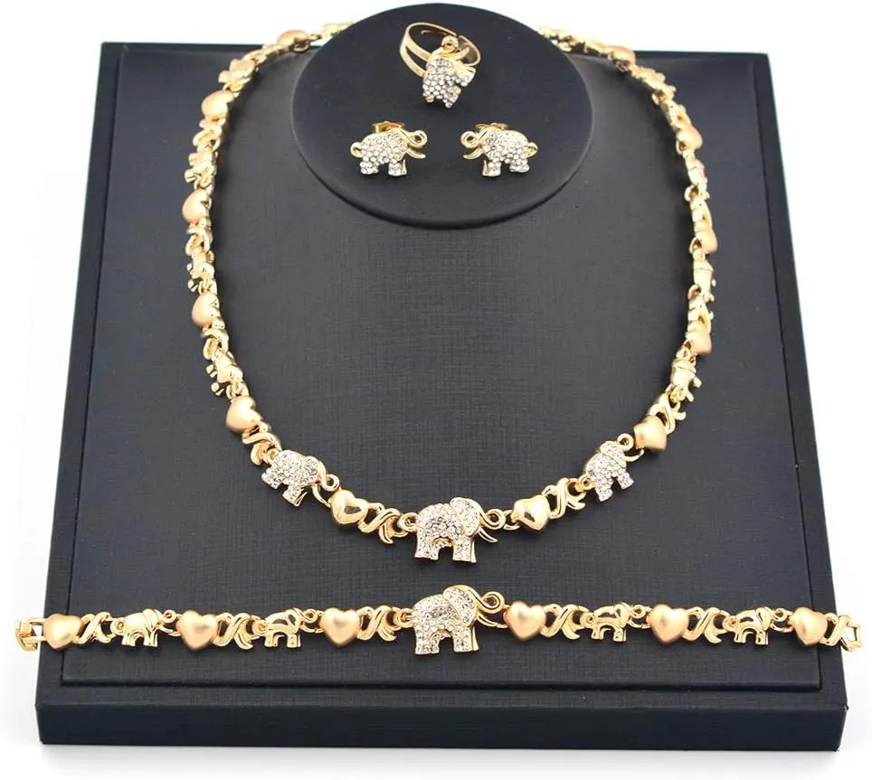 Giffor African Elephant Rings 14K Animal Jewelry Sets For Women Bracelets Bangle Gold Filled Earrings Necklaces Gifts Friendship