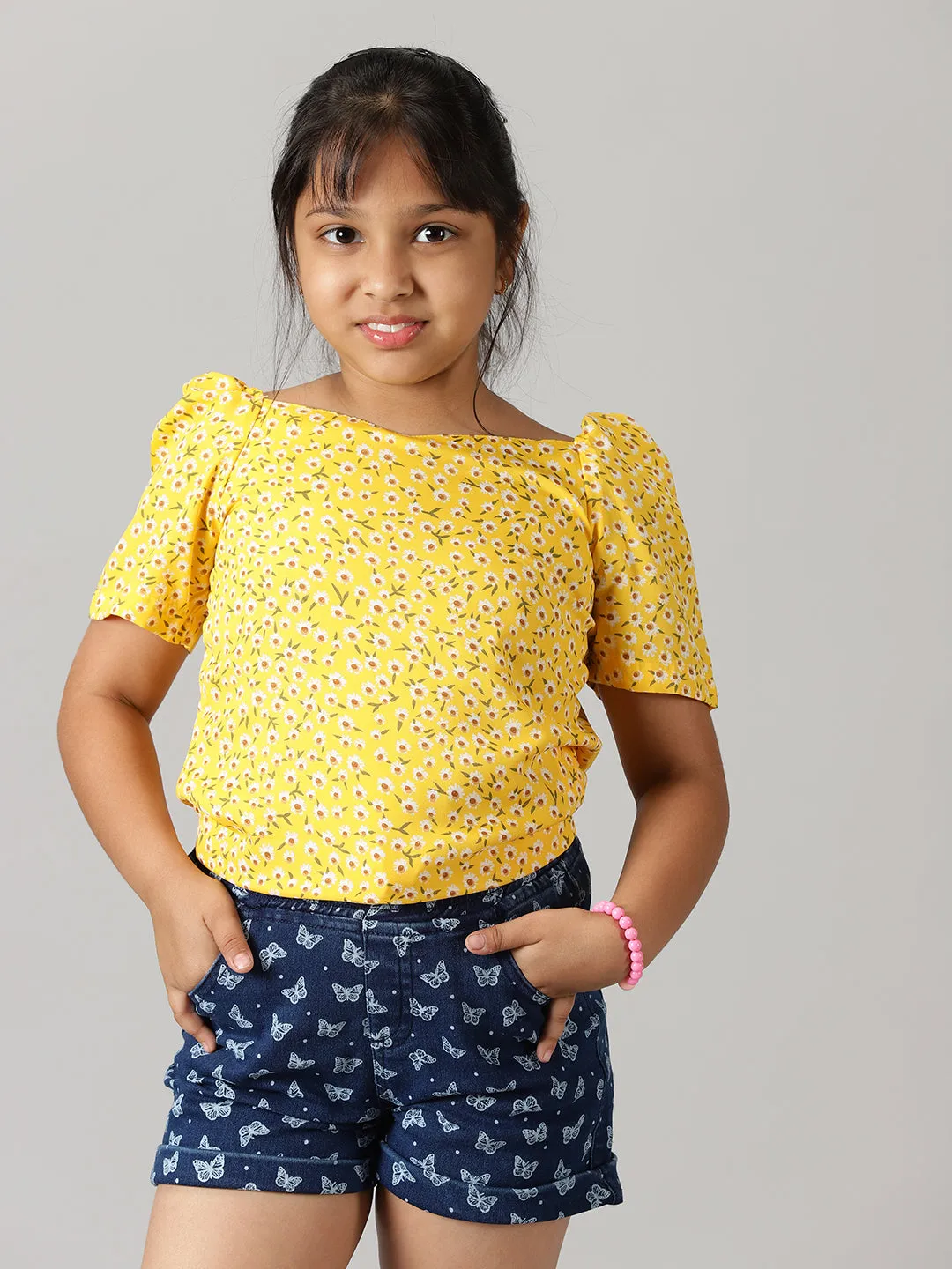 Girls Ruched Sleeve Short Top