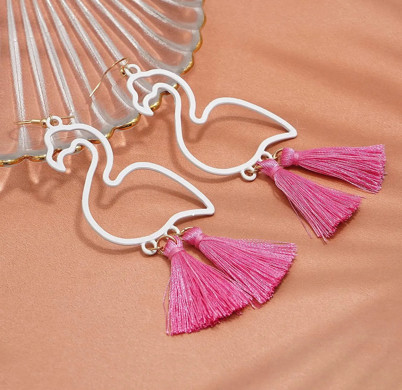 Gleamart Flamingo Earrings Bohemian Short Fringe Drap Hook Stud Clip Summer Eardrop White Green