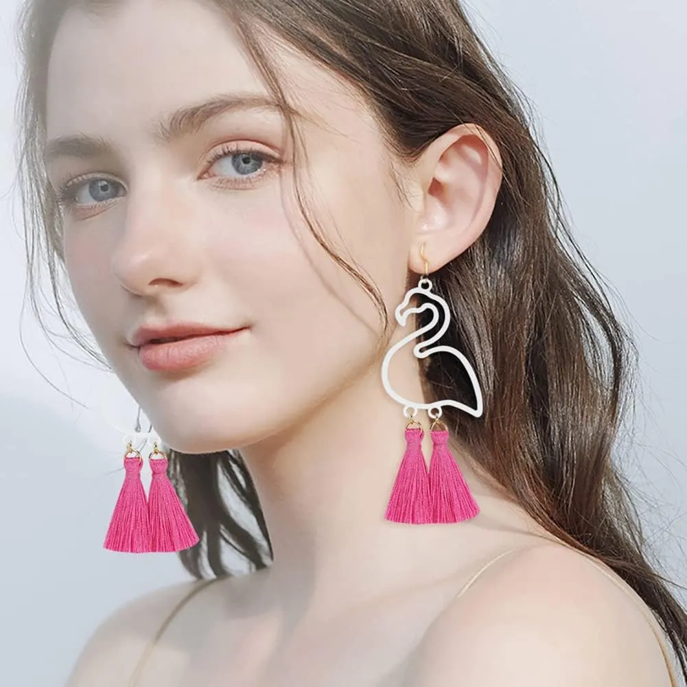 Gleamart Flamingo Earrings Bohemian Short Fringe Drap Hook Stud Clip Summer Eardrop White Green