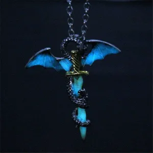 Glow in The Dark Dragon Sword Necklace Luminous Pendant Punk Titanium Steel Dragon Sword Wing Pendant Necklaces