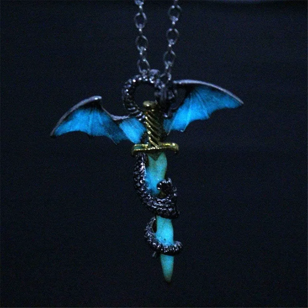 Glow in The Dark Dragon Sword Necklace Luminous Pendant Punk Titanium Steel Dragon Sword Wing Pendant Necklaces