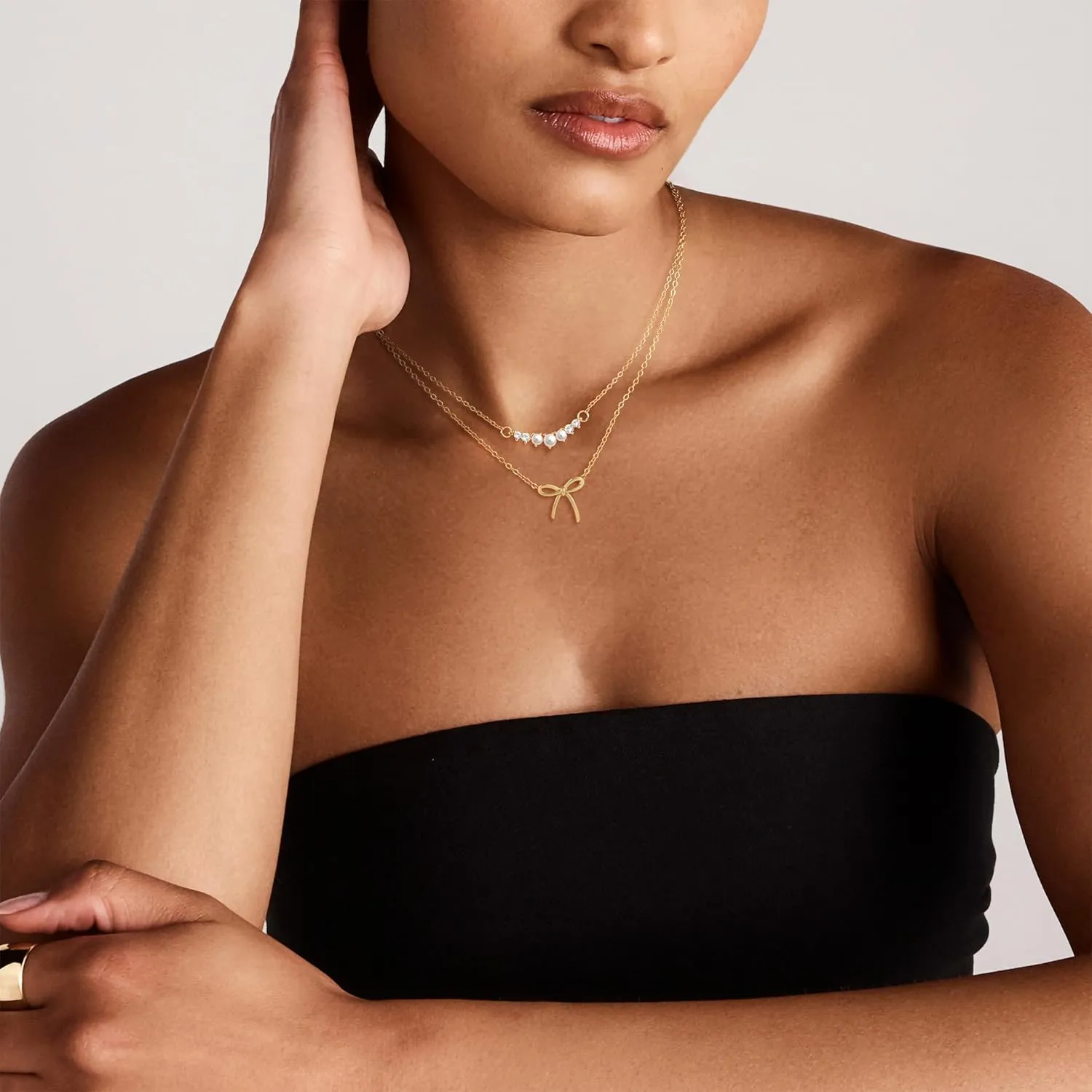 Gold Bow Necklace for Women, 14K Gold Plated Bowknot Pendant Choker Chain Necklace, Small Dainty Beaded Zircon Pearl Bow Necklaces Trendy Jewelry for Women