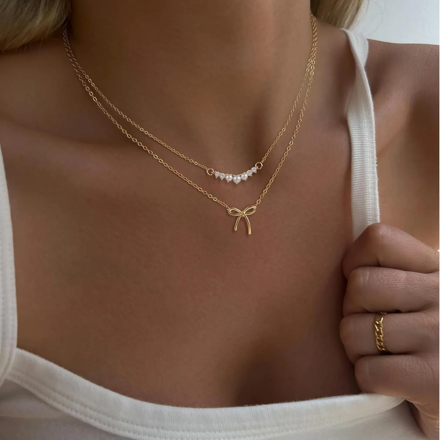 Gold Bow Necklace for Women, 14K Gold Plated Bowknot Pendant Choker Chain Necklace, Small Dainty Beaded Zircon Pearl Bow Necklaces Trendy Jewelry for Women