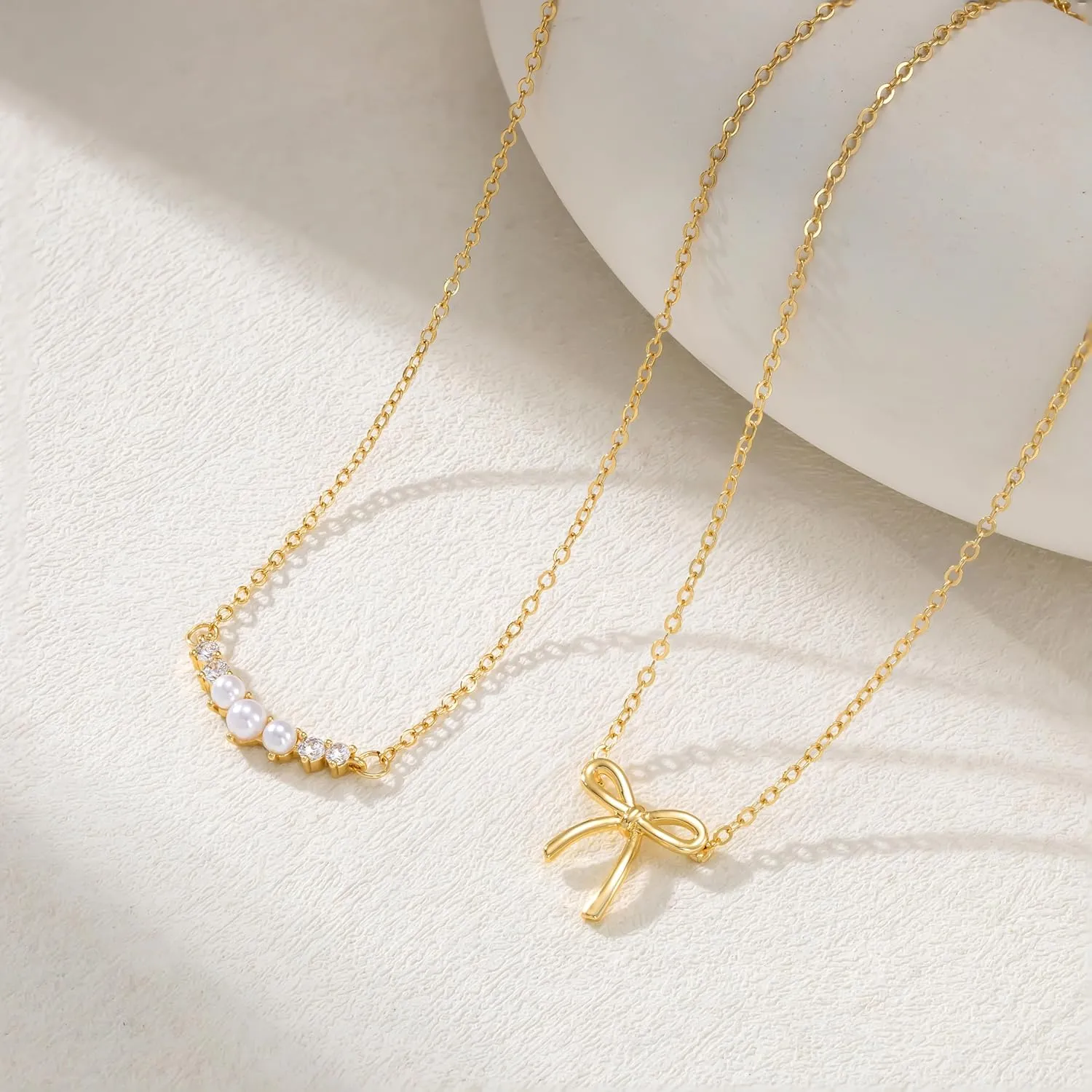 Gold Bow Necklace for Women, 14K Gold Plated Bowknot Pendant Choker Chain Necklace, Small Dainty Beaded Zircon Pearl Bow Necklaces Trendy Jewelry for Women