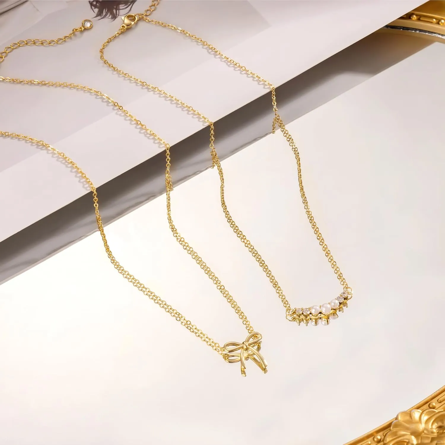 Gold Bow Necklace for Women, 14K Gold Plated Bowknot Pendant Choker Chain Necklace, Small Dainty Beaded Zircon Pearl Bow Necklaces Trendy Jewelry for Women