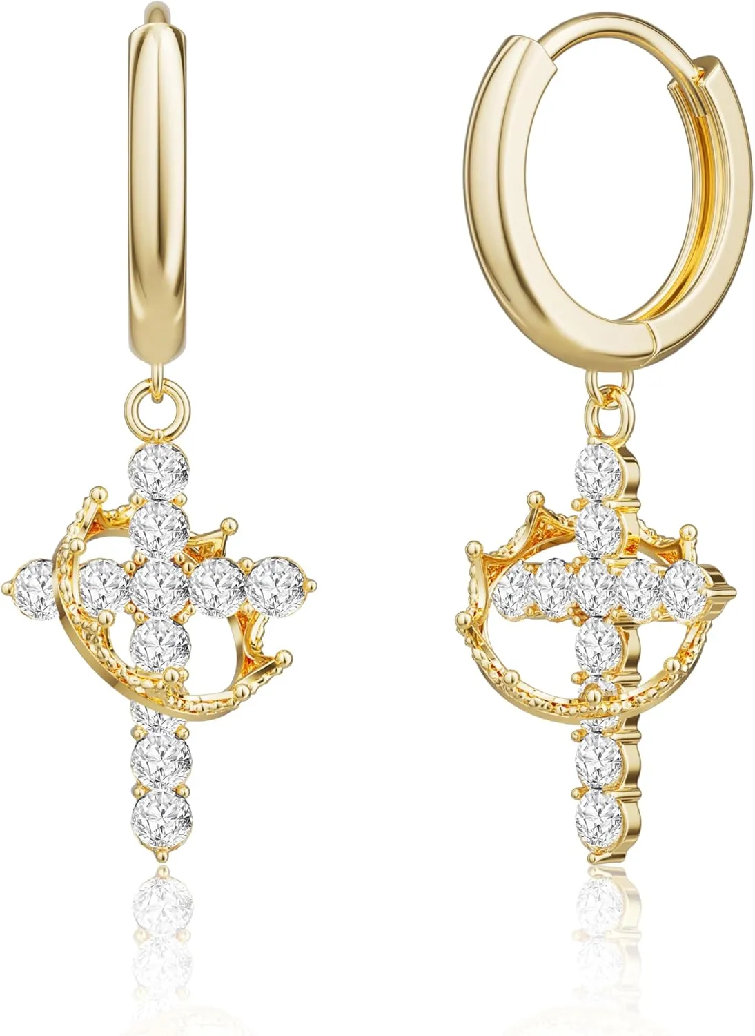 Gold Crown Cross Hoop Drop Earrings - Trendy 14K Gold Plated/Silver Small Huggie Hoop Dangle Earrings for Women Dainty Hypoallergenic Lightweight Earring Jewelry