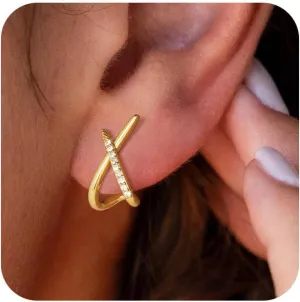 Gold Earrings for Women,14K Gold/Silver Stud Earrings Simple Minimalist Chunky Gold Cubic Zirconia Diamond Earrings Hypoallergenic Dainty Earring for Women Jewelry Gifts