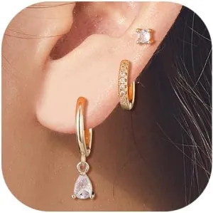 Gold Earrings Set for Women Small Huggie 14k Gold Plated Hoop Earrings Hypoallergenic Earring Stacks Trendy Dainty Jewelry (1-Earrings)