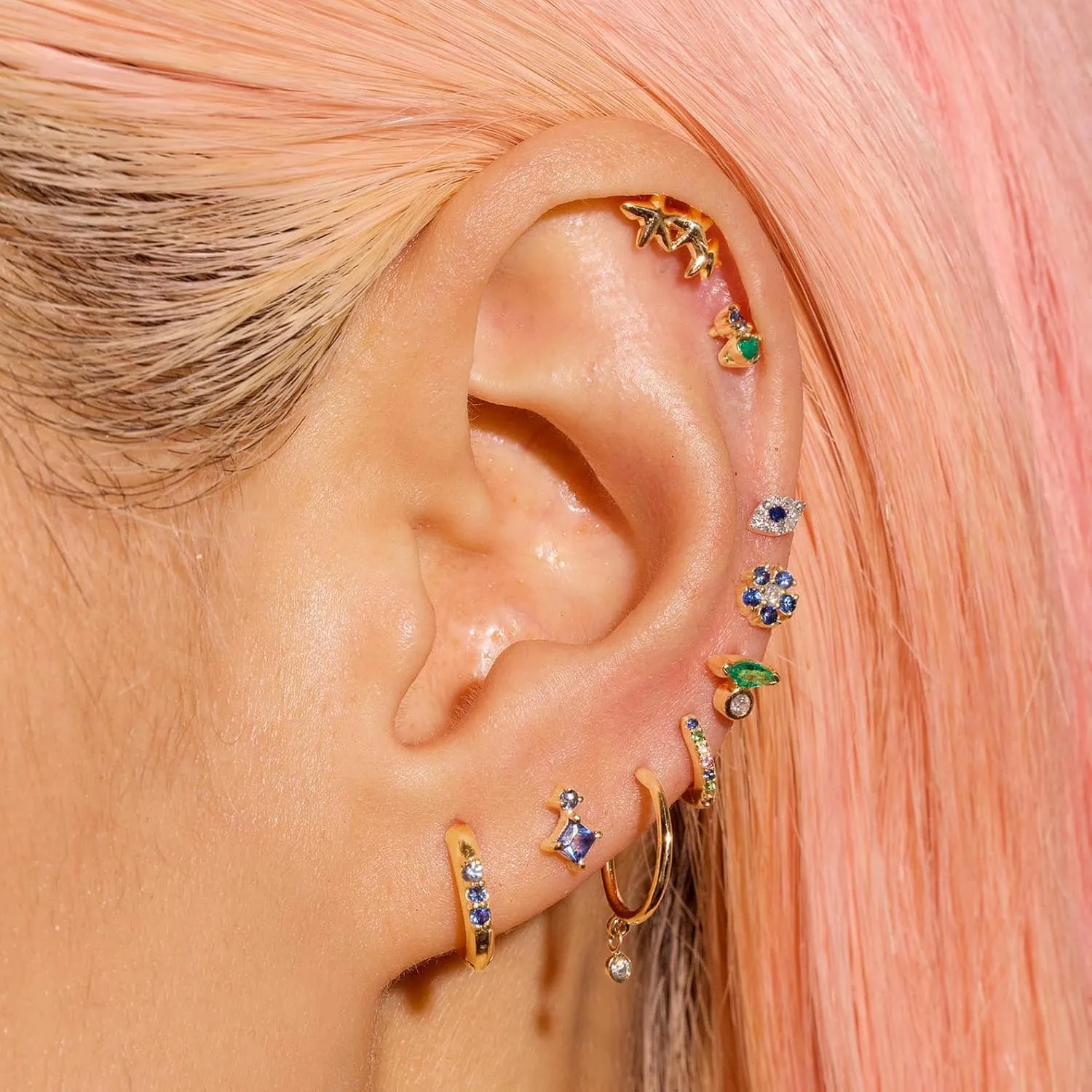 Gold Earrings Set for Women Trendy 14K Gold Plated Gold Dainty Small CZ Diamond Opal Pearl Evil Eye Stud Huggie Hoop Earrings Cartilage Earrings for Women