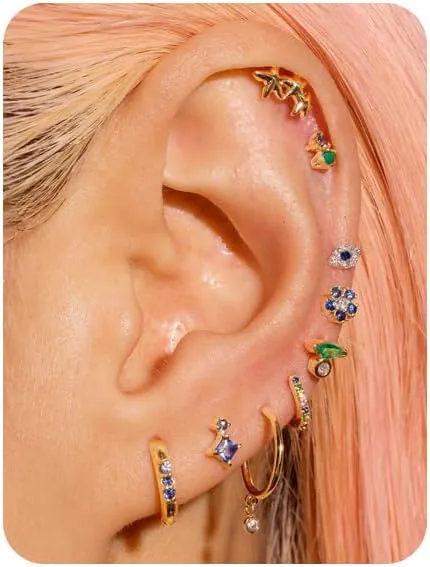 Gold Earrings Set for Women Trendy 14K Gold Plated Gold Dainty Small CZ Diamond Opal Pearl Evil Eye Stud Huggie Hoop Earrings Cartilage Earrings for Women