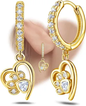 Gold Heart Print Earrings for Women Sterling Silver Cute Pet Puppy Cat Dog Paw Print Hoop Earrings Hypoallergenic White Cubic Zirconia Loop Earrings Dainty Heart-Shaped Earrings for Christmas Birthday