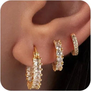 Gold Hoop Earrings for Women Trendy Gold Plated Hypoallergenic Stud Earrings Zirconia Cartilage Earrings Lightweight Dainty Multiple Piercing Jewelry Gifts for Women 3 Pairs