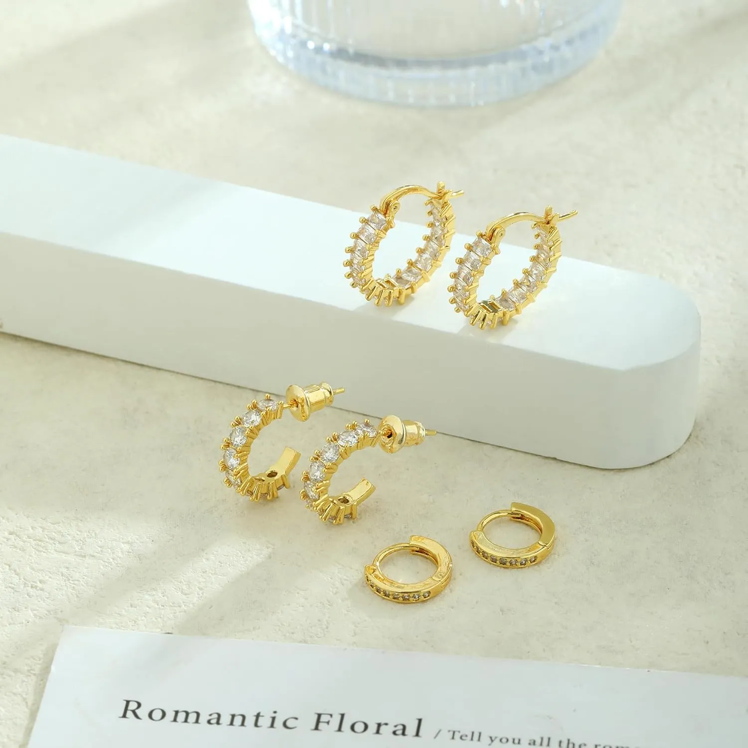 Gold Hoop Earrings for Women Trendy Gold Plated Hypoallergenic Stud Earrings Zirconia Cartilage Earrings Lightweight Dainty Multiple Piercing Jewelry Gifts for Women 3 Pairs