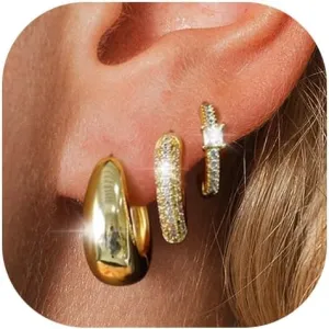Gold Hoop Earrings Set for Women, 14K Gold Plated Lightweight Earrings Sets for Multiple Piercing, Hypoallergenic Chunky Trendy Gold Earrings for Women Jewelry