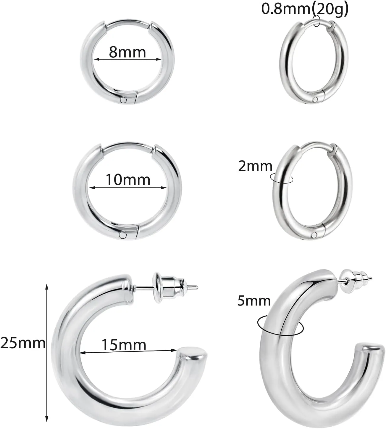 Gold Hoop Earrings Set for Women, Chunky Gold Open Hoops 25mm Lightweight Surgical Stainless Steel Cartilage Huggie Hoop Earrings 8mm 10mm 14K Gold Plated Hypoallergenic Earrings for Sensitive Ears