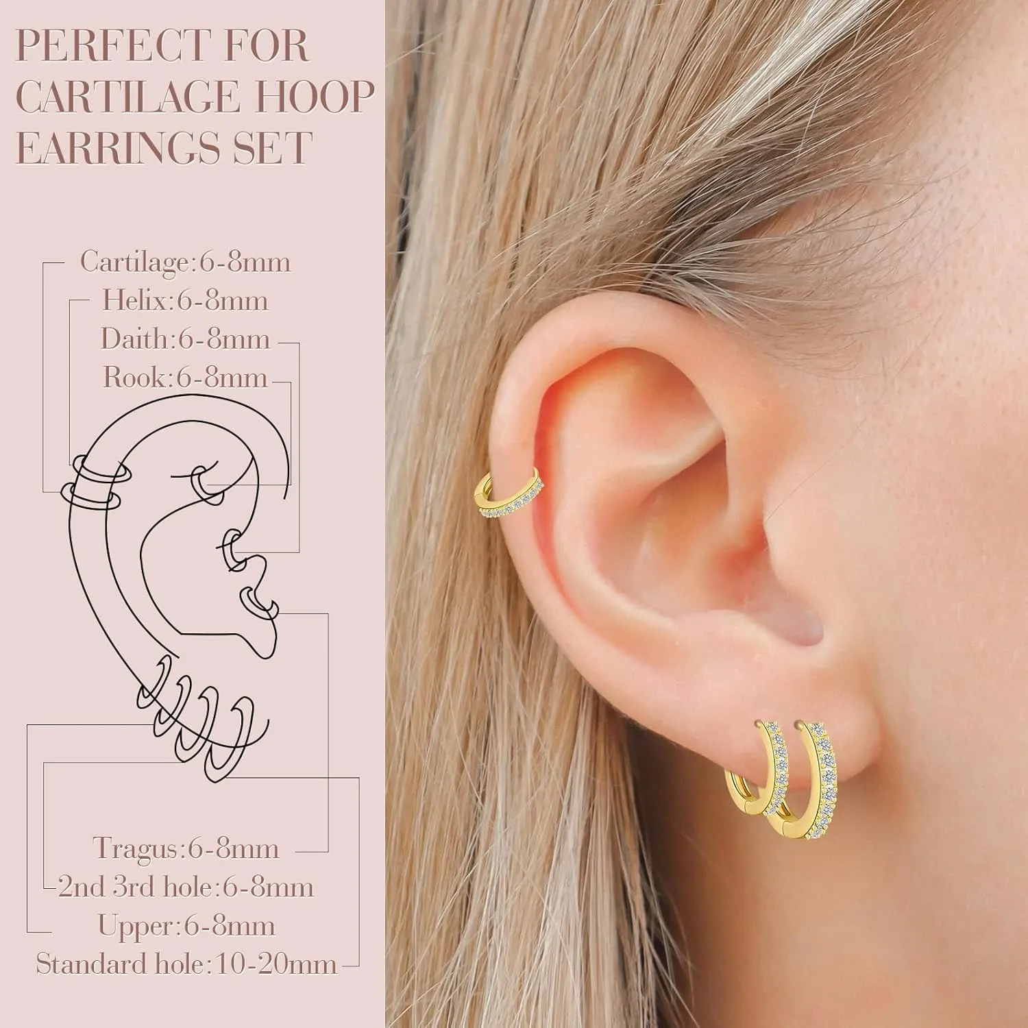 Gold Huggie Hoop Earrings For Women 4 Pairs 16K Hypoallergenic Cartilage Cubic Zirconia Gold Plated Small Stud Hoop Earring Set Piercing Jewelry 8mm/10mm/12mm