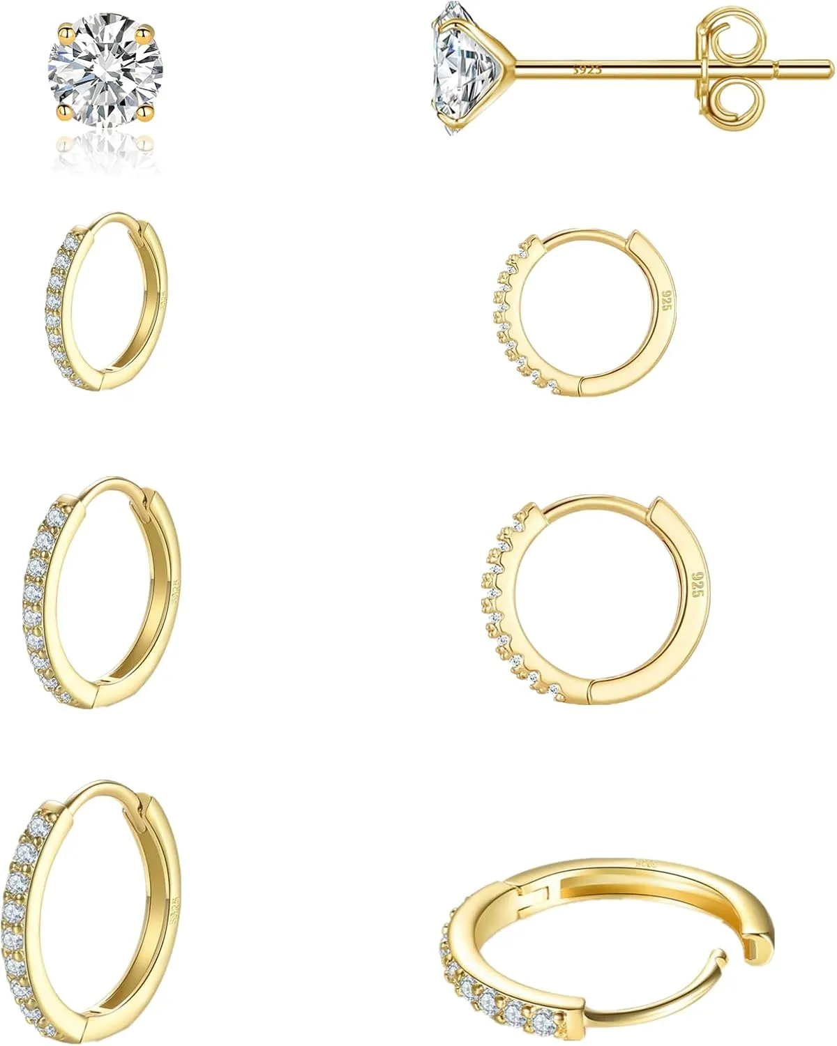 Gold Huggie Hoop Earrings For Women 4 Pairs 16K Hypoallergenic Cartilage Cubic Zirconia Gold Plated Small Stud Hoop Earring Set Piercing Jewelry 8mm/10mm/12mm