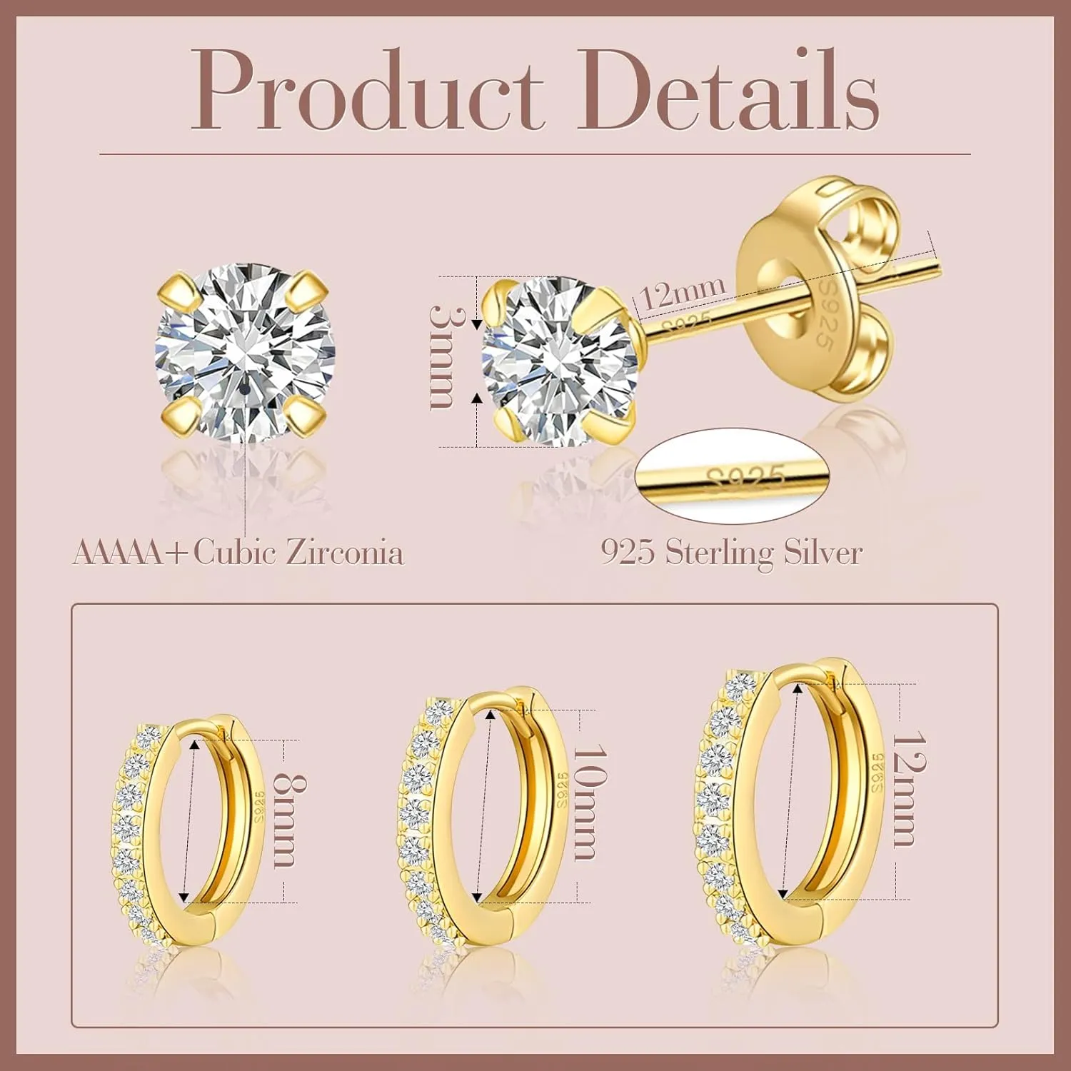 Gold Huggie Hoop Earrings For Women 4 Pairs 16K Hypoallergenic Cartilage Cubic Zirconia Gold Plated Small Stud Hoop Earring Set Piercing Jewelry 8mm/10mm/12mm