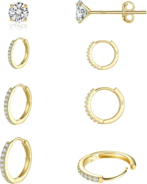 Gold Huggie Hoop Earrings For Women 4 Pairs 16K Hypoallergenic Cartilage Cubic Zirconia Gold Plated Small Stud Hoop Earring Set Piercing Jewelry 8mm/10mm/12mm