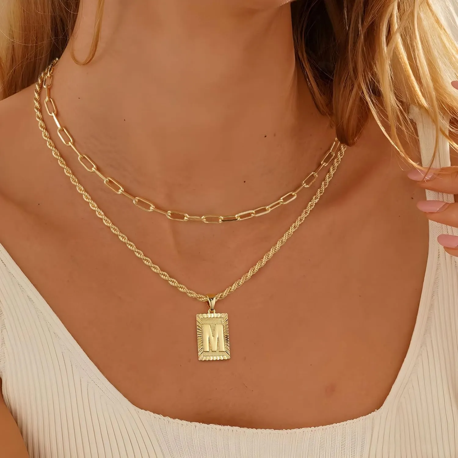 Gold Initial Necklace for Women 14K Gold Plated Dainty Letter Necklce Paperclip Rope Chain Layering Square Letter Pendant A-Z Necklace Personalized Jewelry Gift for Women Mother's Day Anniversary Birthday Gift