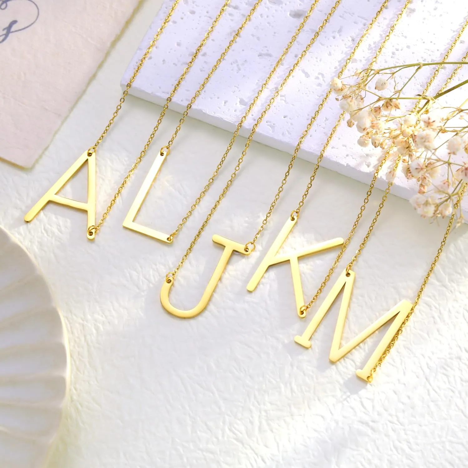 Gold Initial Necklaces for Women 14K Gold Plated Dainty Sideways Letter Necklace Trendy Personalized Monogram Name A-Z Pendant Choker Necklace Gold Jewelry for Women Gifts