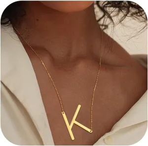Gold Initial Necklaces for Women 14K Gold Plated Dainty Sideways Letter Necklace Trendy Personalized Monogram Name A-Z Pendant Choker Necklace Gold Jewelry for Women Gifts